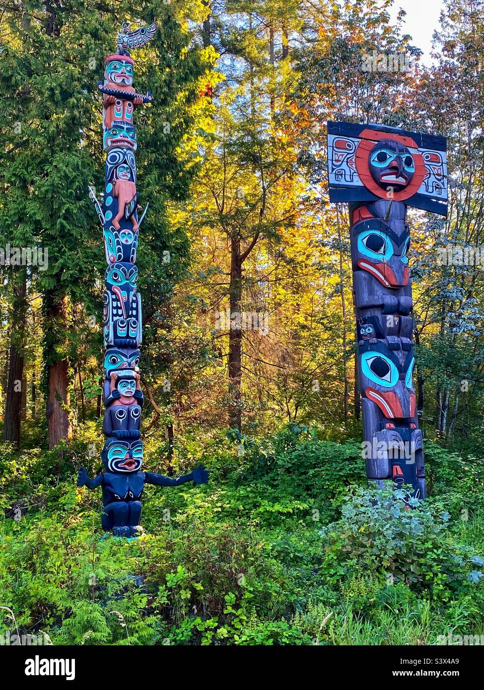 Totem poli a Stanley Park. Vancouver, Canada. - Immagine stock catturata con smartphone