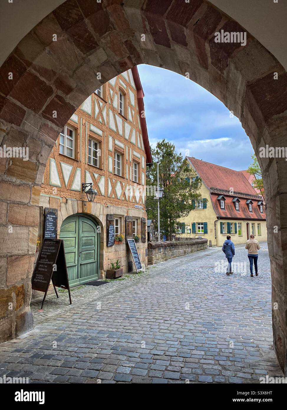 Tradizionale casa francone a graticcio a Lauf an der Pegnitz, Germania. Foto Stock