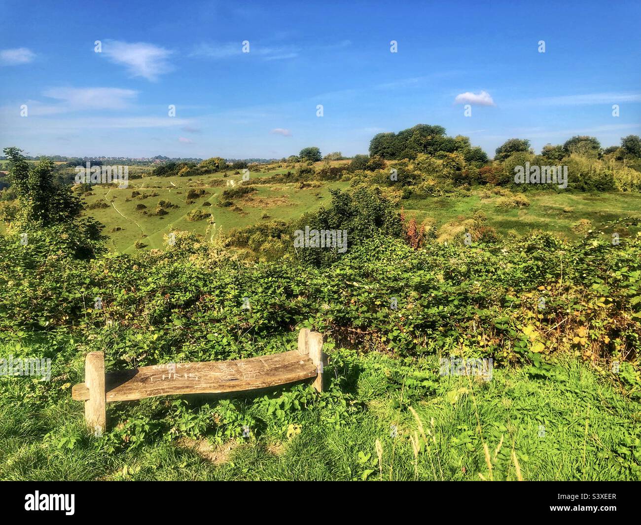 Posto a sedere per vedere la collina di St Catherine a Winchester Hampshire, Regno Unito Foto Stock
