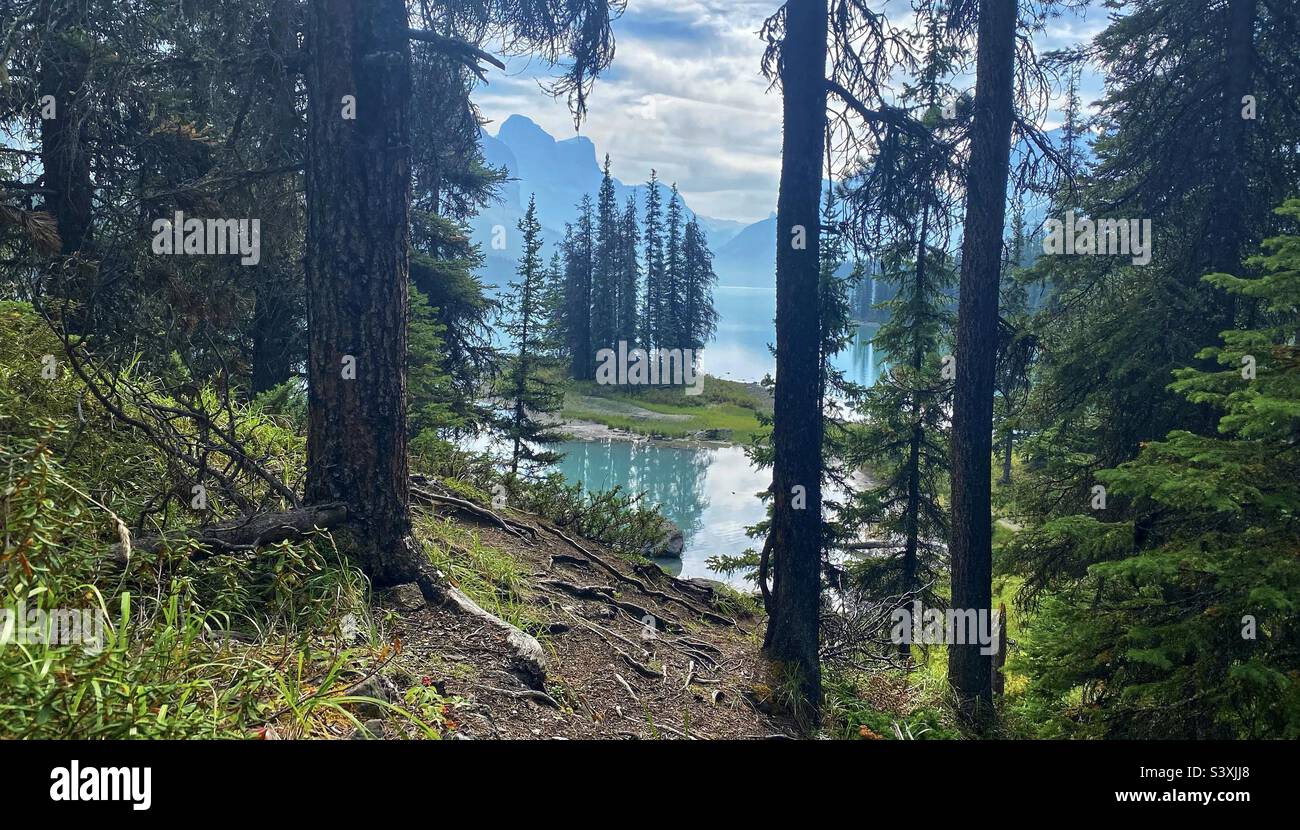 Isola dello spirito. Lago Maligne. Canada. - Immagine stock catturata con smartphone
