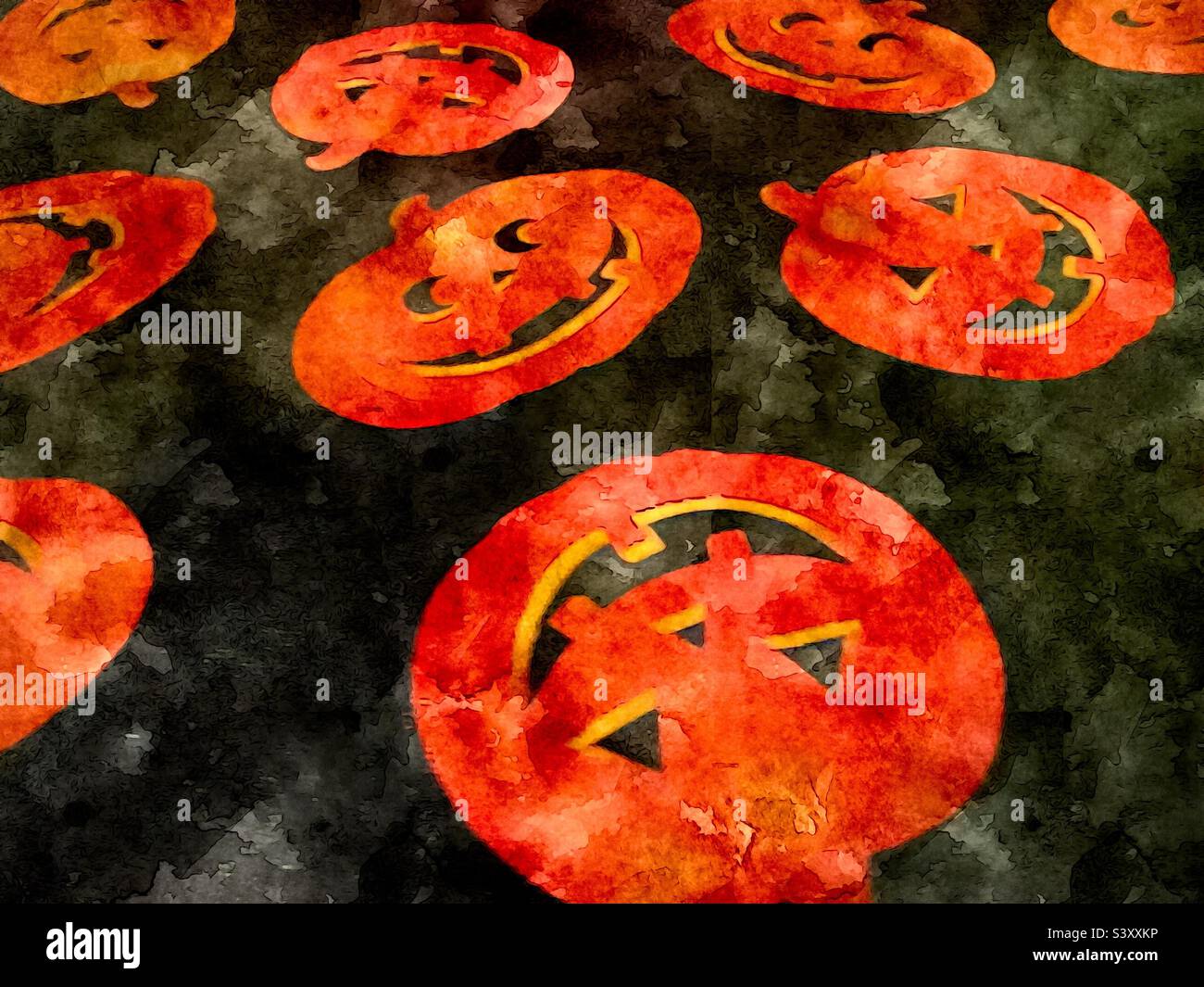 Una foto della nostra tovaglia stagionale Autunno/Ottobre/Halloween che sta attualmente adornando il nostro tavolo da cucina. L'effetto pittorico e textured creato da ArtCard app IOS. - Immagine stock catturata con smartphone