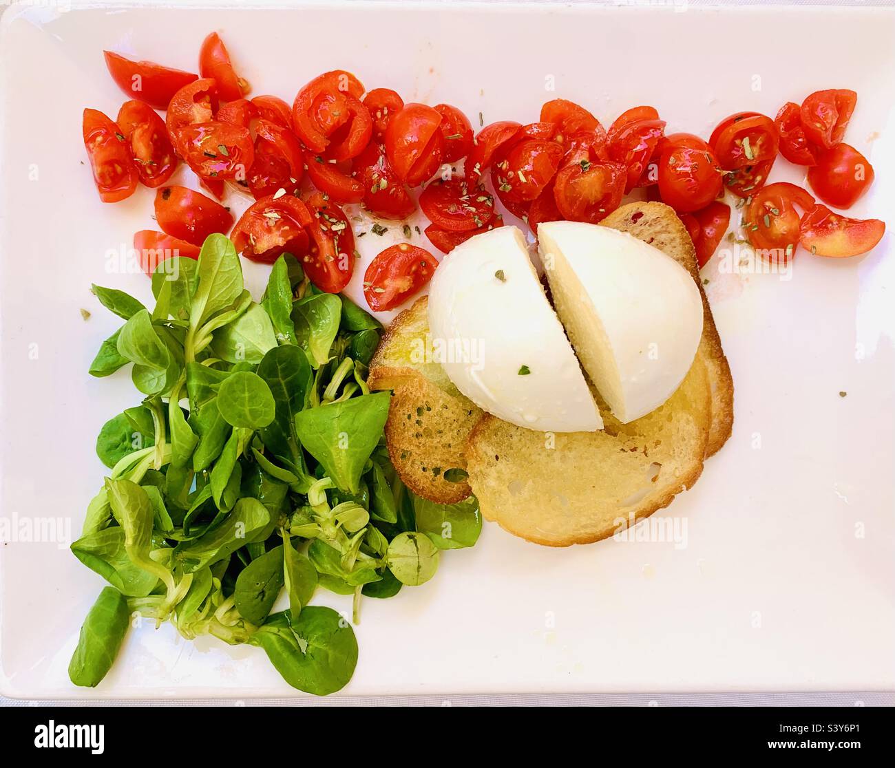 Insalata di caprese con mozzarella di bufala su piatto bianco, Trapani, Sicilia, Italia. - Immagine stock catturata con smartphone