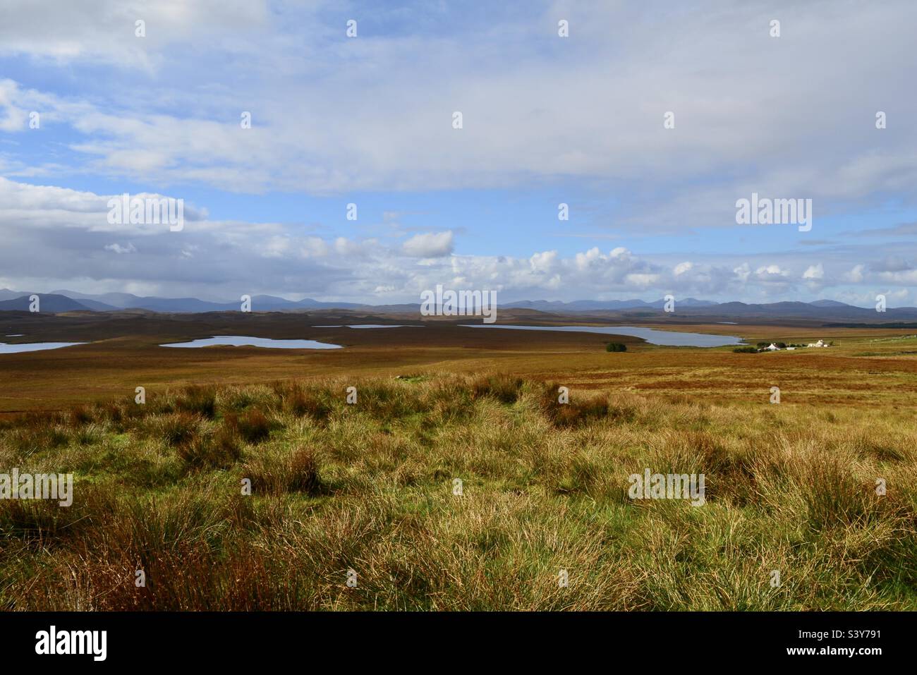 Brughiera sull'isola di Lewis, Ebridi esterne, guardando verso l'isola più montuosa di Harris. Foto Stock