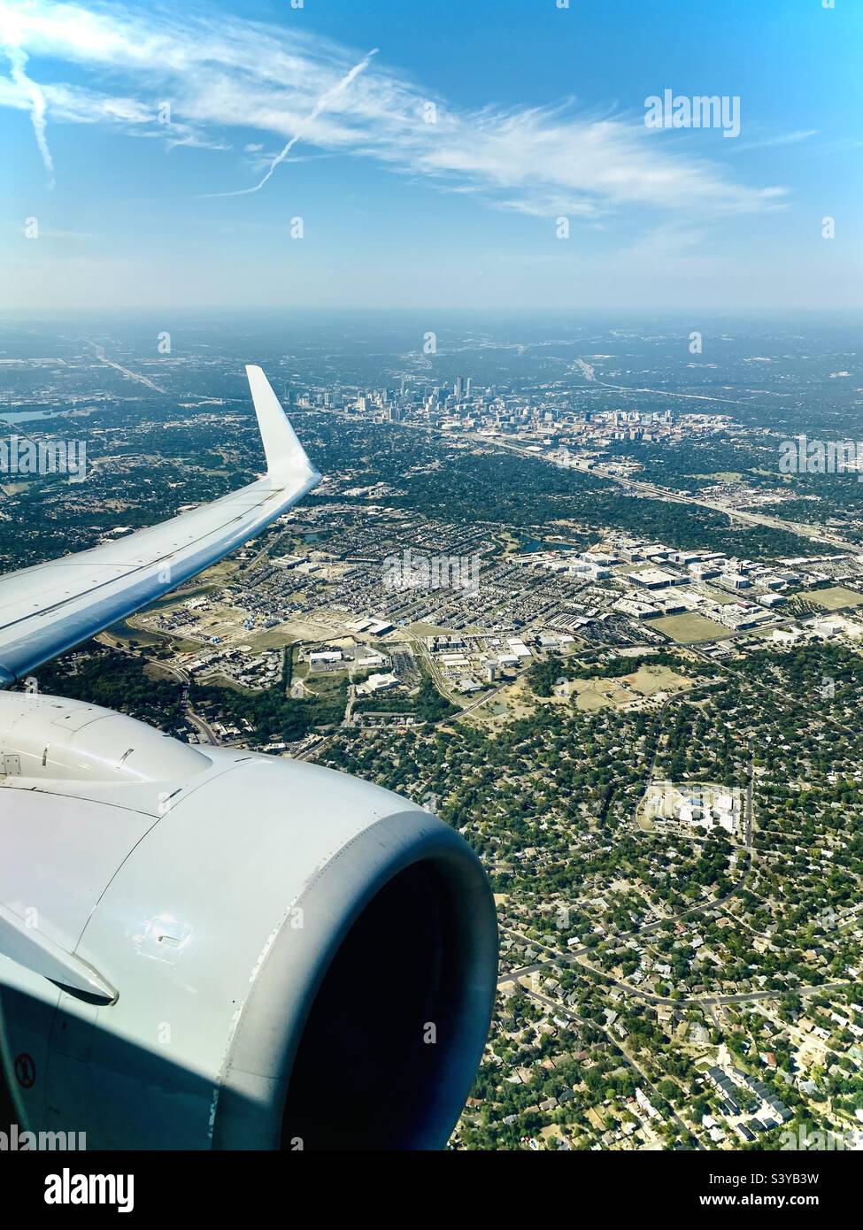 Vista della città di Austin Texas dalla finestra di un aereo Foto Stock