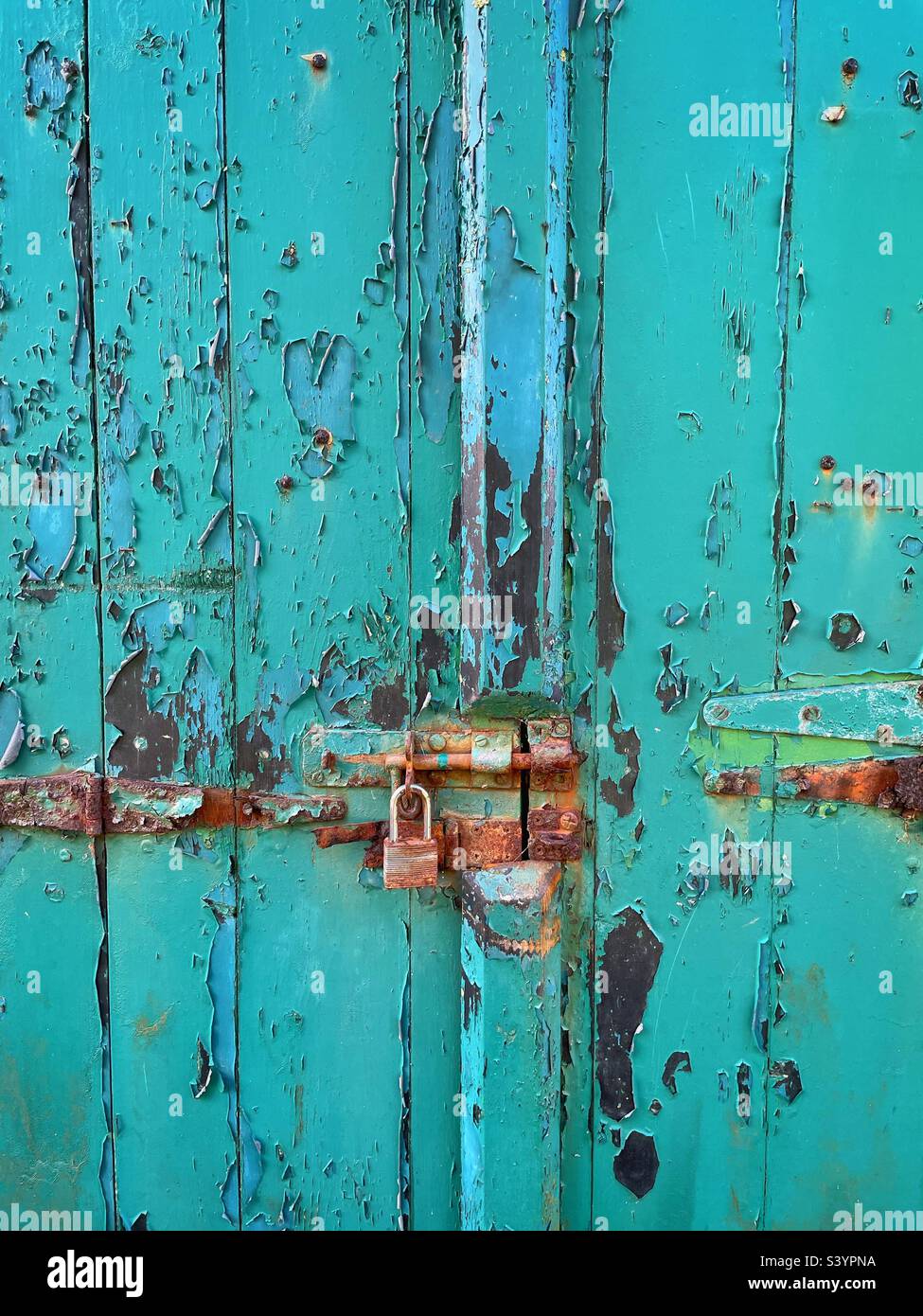 Vecchio lucchetto arrugginito su una porta blu teal con vernice scricchiolante. Foto Stock