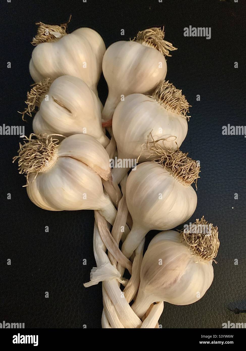 7 bulbi d'aglio intrecciati su fondo nero - Immagine stock catturata con smartphone