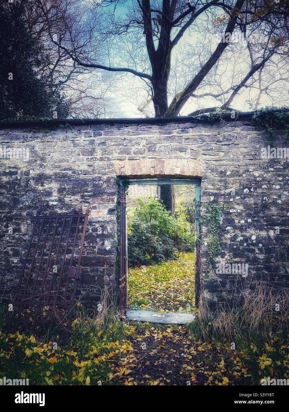 Una fotografia di un vecchio cancello del giardino murato Foto Stock