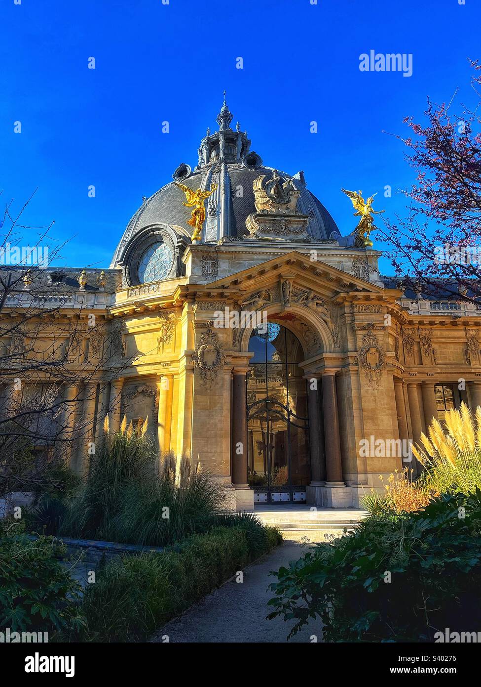Caratteristiche architettoniche, decorative e piantumate nel giardino interno del Petit Palais di Parigi, Francia - Immagine stock catturata con smartphone