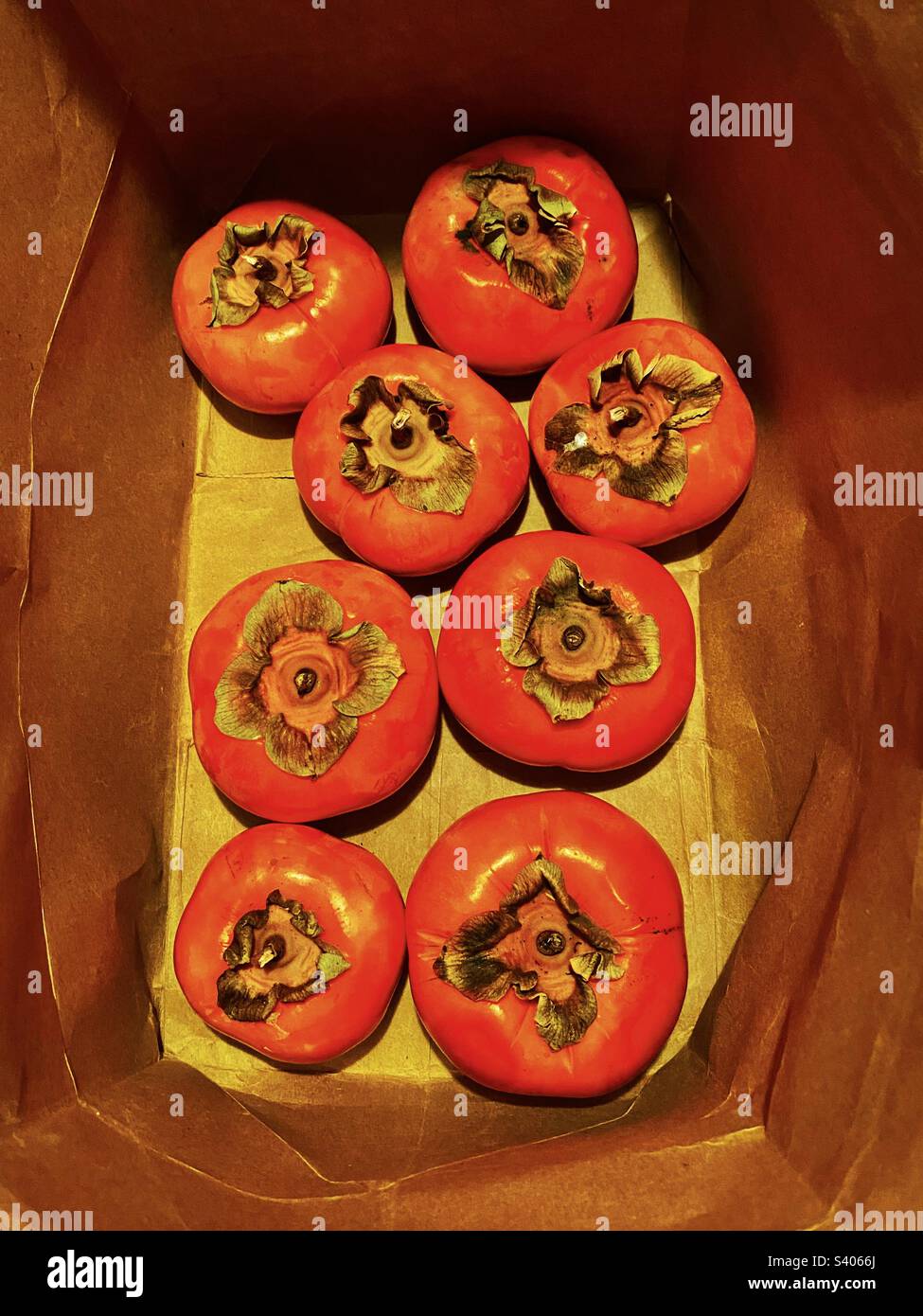 Otto persimmons maturi in un sacchetto di carta - Immagine stock catturata con smartphone