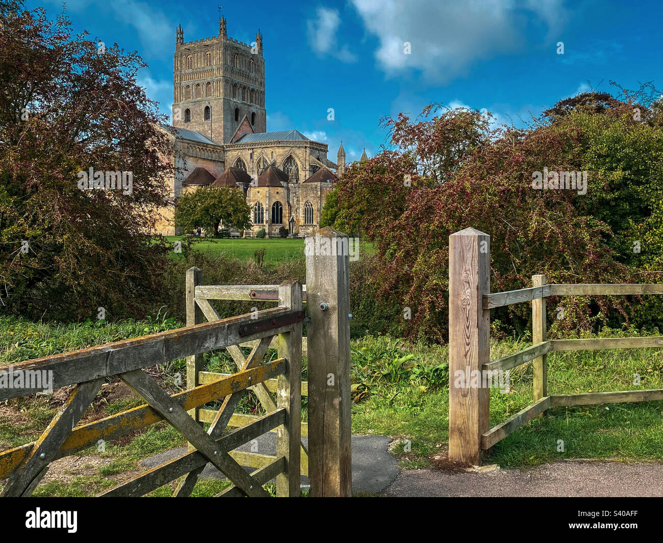 I colori autunnali arrivano all'abbazia di Tewkesbury in un bellissimo pomeriggio di ottobre, nel Gloucestershire, Regno Unito. Una foto di un telefono cellulare con post-elaborazione di un telefono o di un tablet. - Immagine stock catturata con smartphone