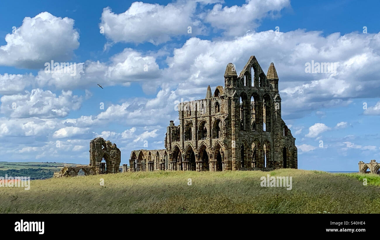 Whitby Abbey in una bella giornata estiva, Whitby, Yorkshire, Regno Unito - Immagine stock catturata con smartphone