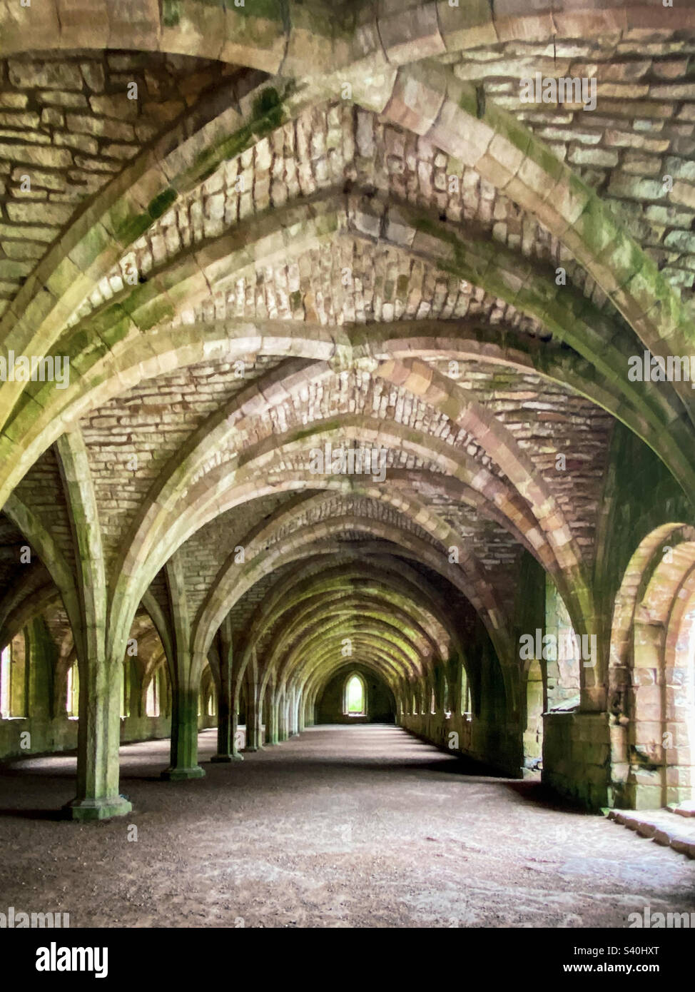 Lo storico cellarium a volta presso Fountains Abbey, Yorkshire, Regno Unito - Immagine stock catturata con smartphone