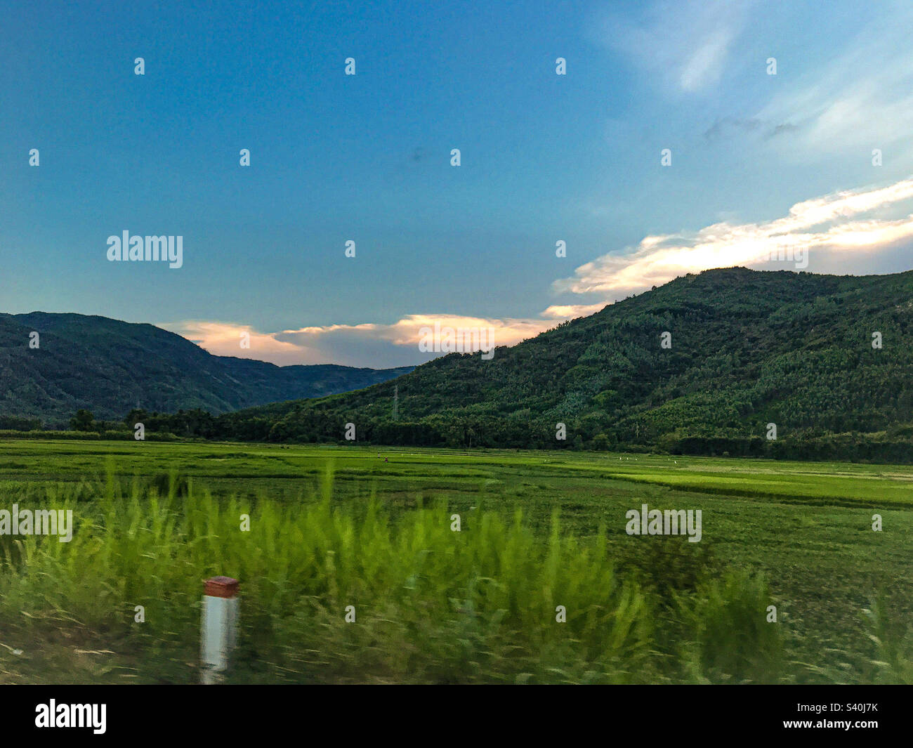 Una bella foto di alcune montagne e di una pianura erbosa Foto Stock