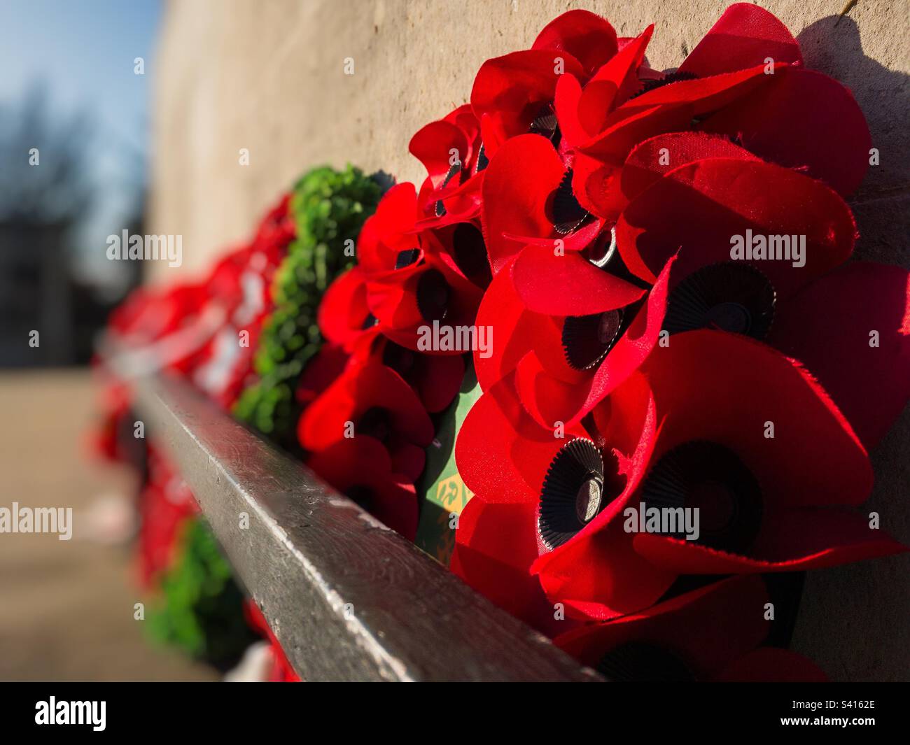 Corone di papavero su un memoriale di guerra, Swansea cenotaph Foto Stock