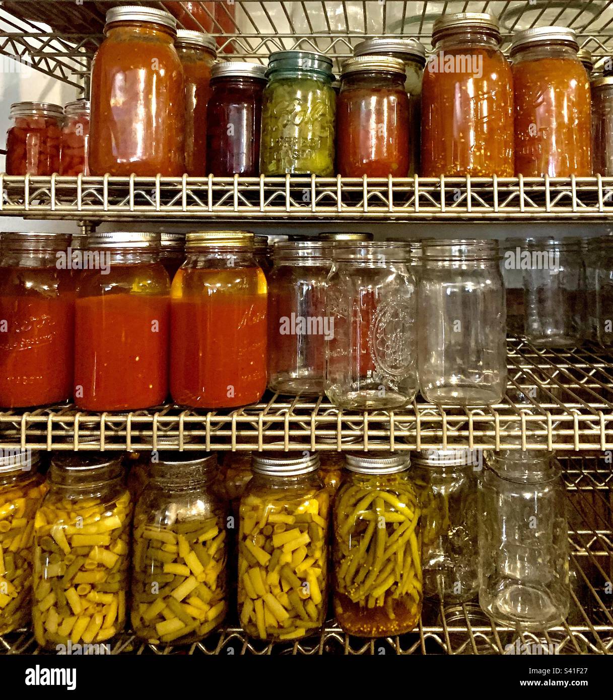 Verdure in scatola sullo scaffale. Colorato. Pomodori, fagiolini, asparagi e salsa. Foto Stock