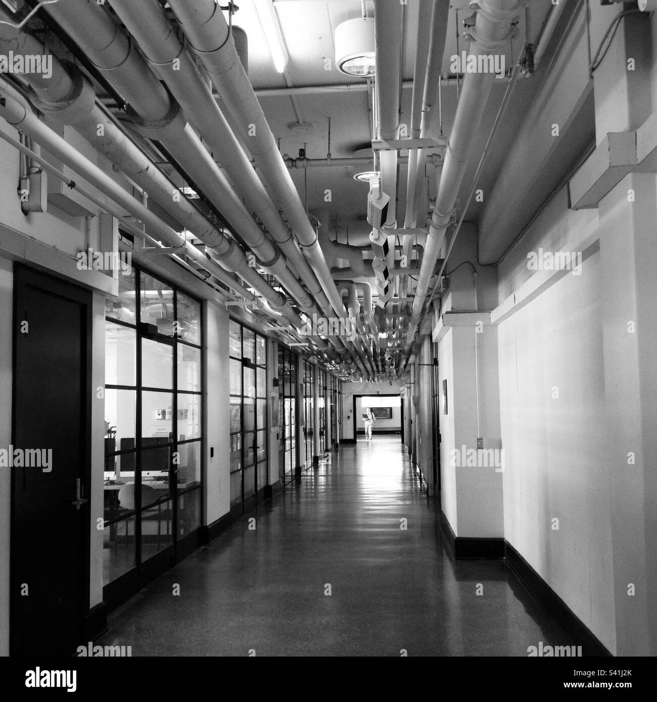 Corridoio all'interno di uno degli edifici principali del campus del Massachusetts Institute of Technology (MIT). Filtro bianco e nero. Foto Stock