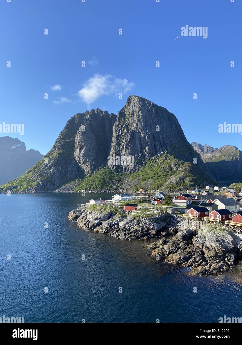 Villaggio di Hamnøy nelle isole Lofoten in una soleggiata serata estiva. Foto Stock