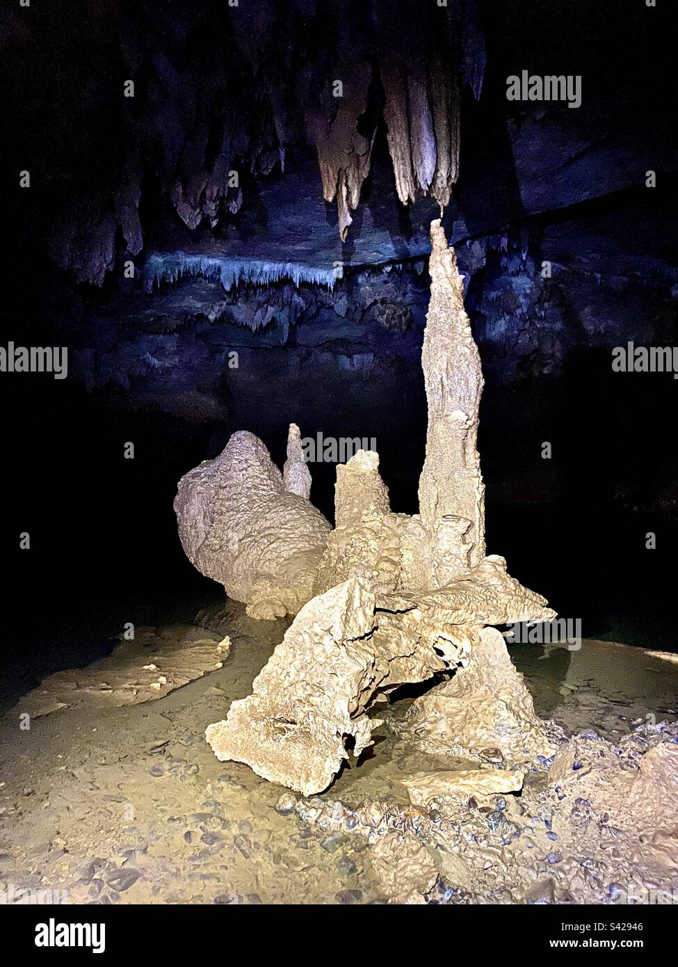 Straordinarie formazioni calcaree all'interno della caverna a Caves Branch River, Belize Foto Stock