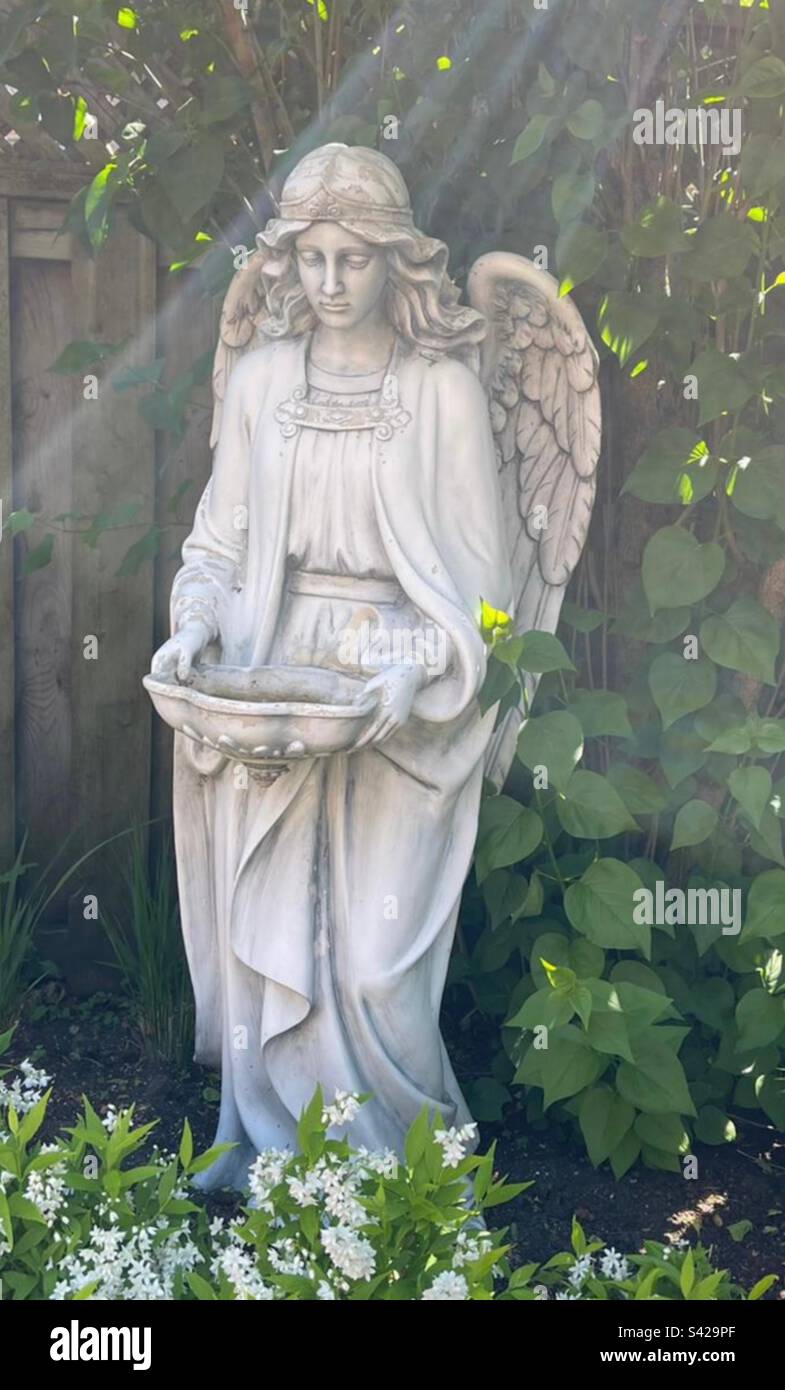 Statua dell'angelo del giardino con i raggi del sole su di lei Foto Stock