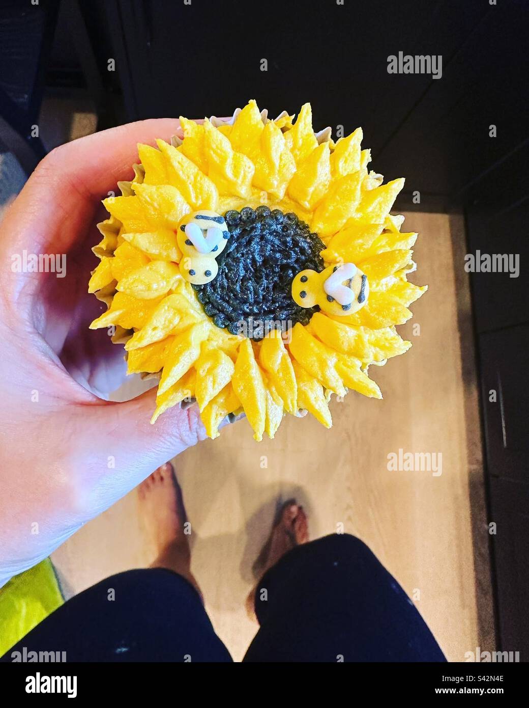 Cupcake di girasole con api Foto Stock