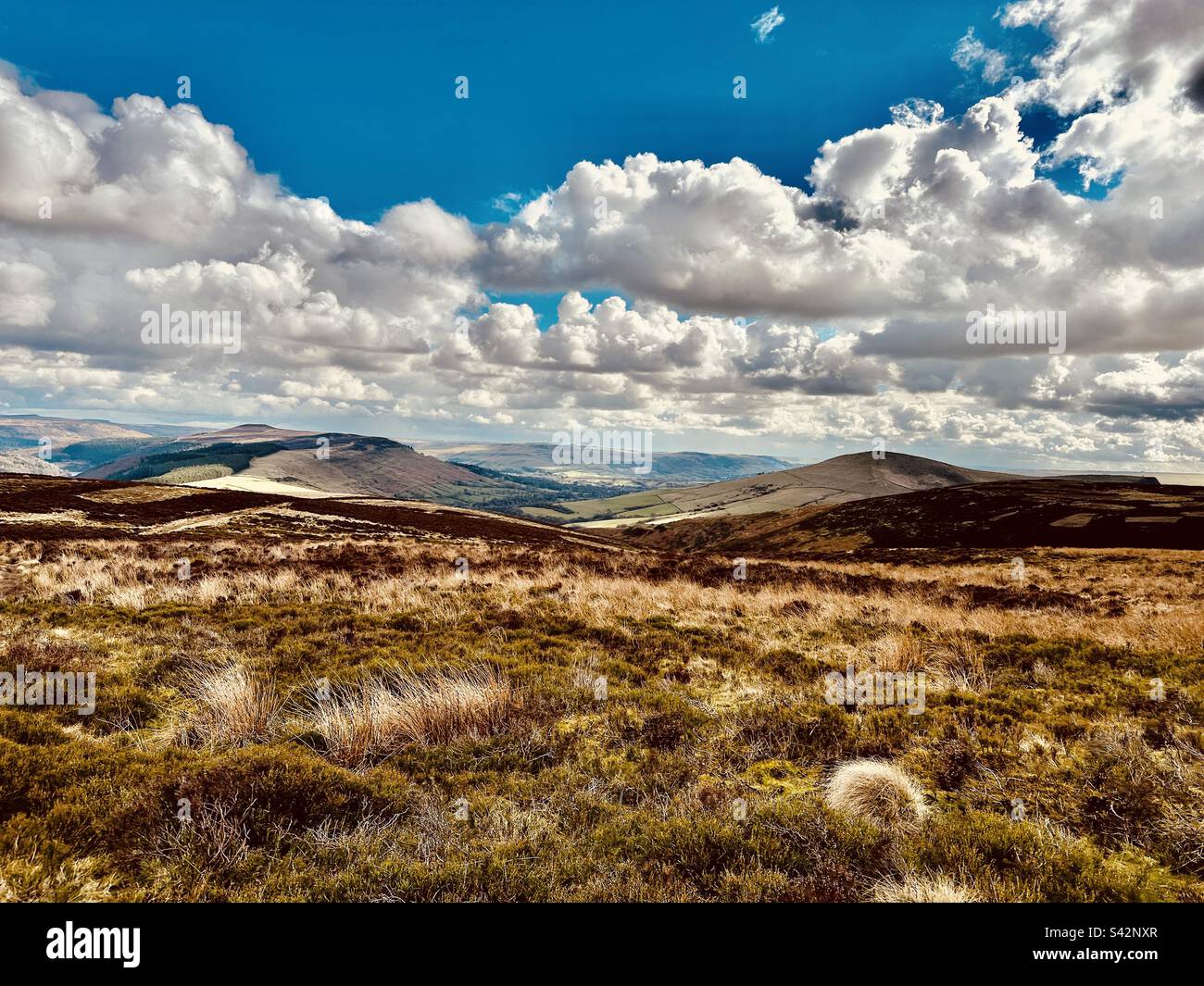 Rolling Hills, vista da Kinder Scout a Win Hill e Lose Hill Peak District Foto Stock