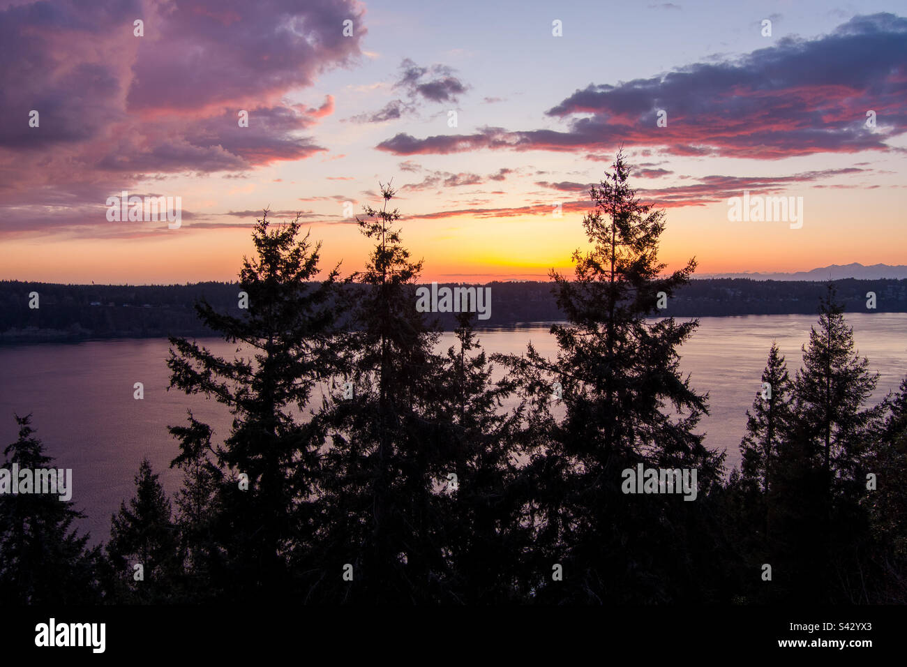 Tacoma Narrows e le montagne olimpiche al tramonto Foto Stock
