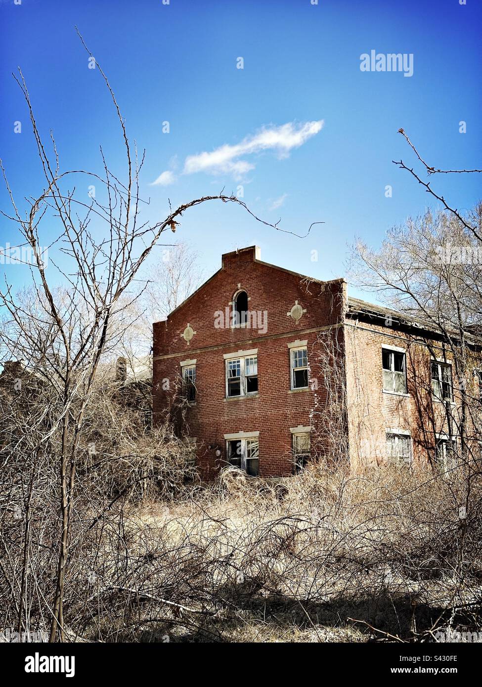 Abbandonato edificio in mattoni rossi a Norwich, Connecticut, USA. Circondato da erbacce e altre piante in crescita che riprendono la terra. Foto Stock