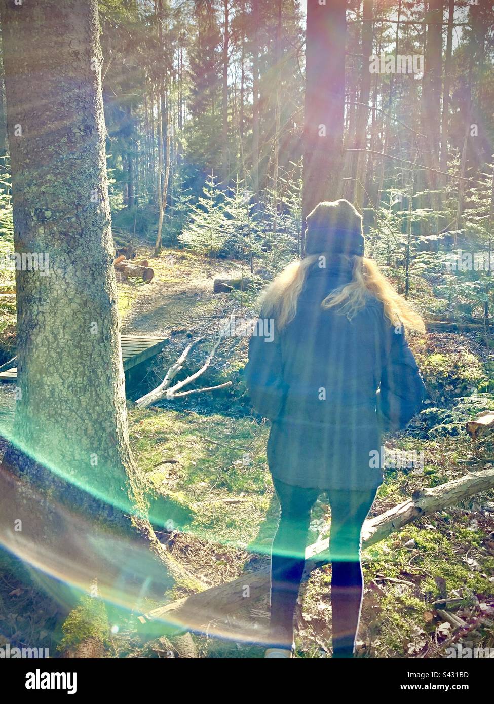 Giovane ragazza adolescente che cammina in una fitta foresta nordica in una bella luce solare primaverile Foto Stock