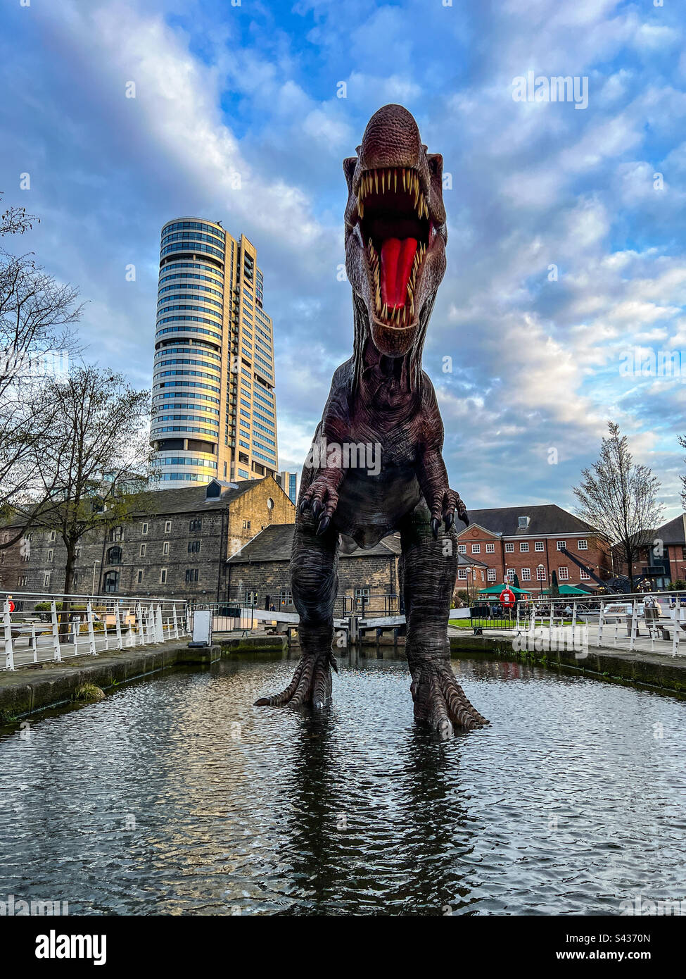 Statua di T Rex al Granary Wharf nel centro di Leeds Foto Stock