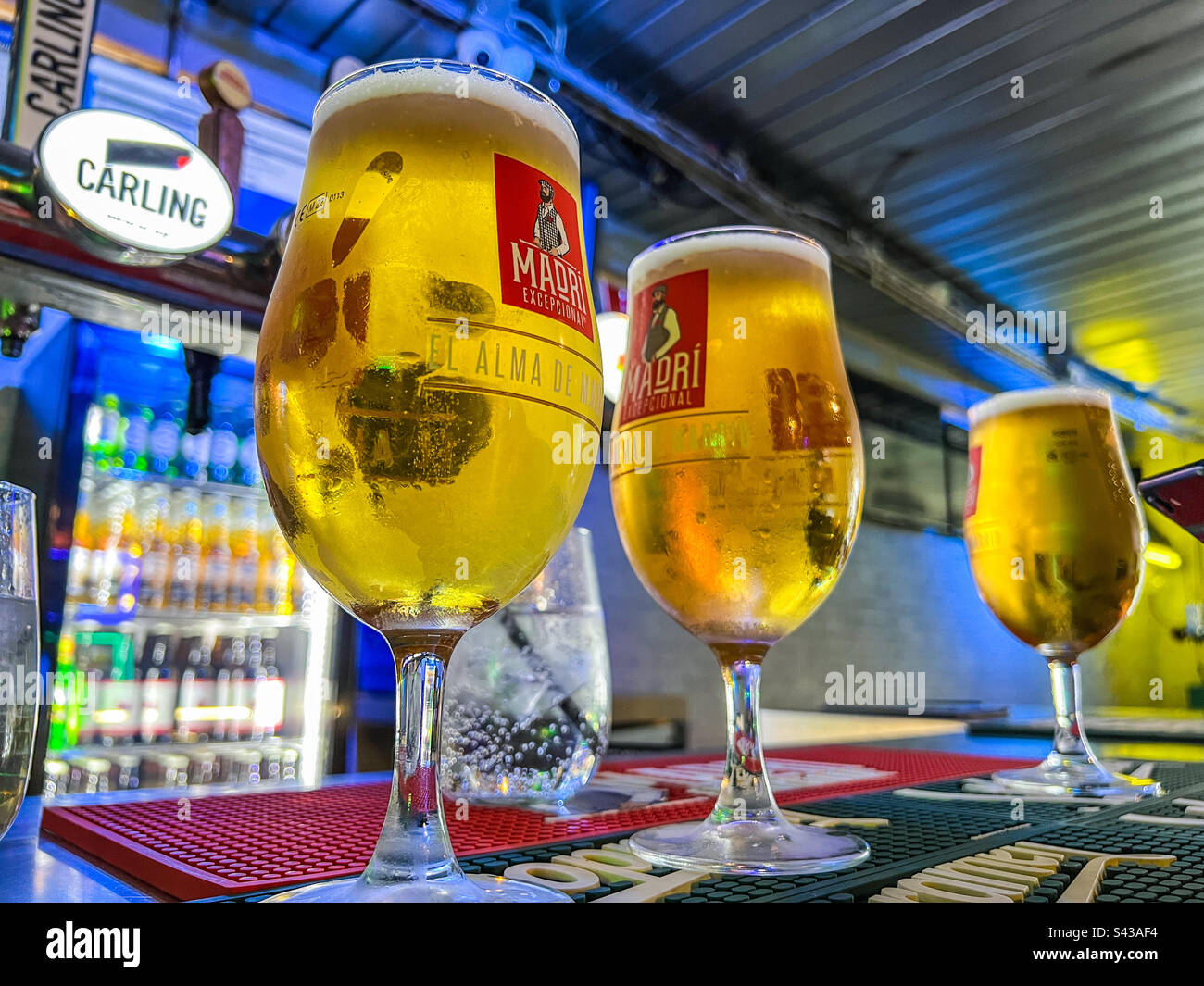 Tre pinte di Madri lager al bar Foto Stock
