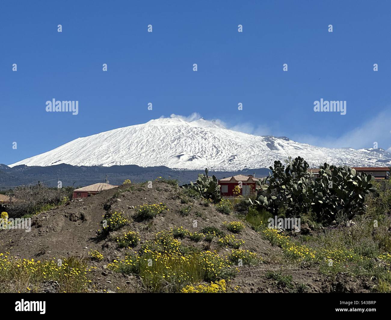 Vulcano Etna innevato durante una giornata primaverile da Adrano, provincia di Catania, regione Sicilia, Italia Foto Stock