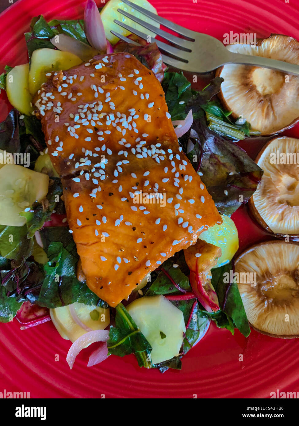 Un delizioso, sano, colorato, piatto con salmone ricoperto di semi di sesamo e salsa di soia, guarnito con funghi shiitake al burro e vari verdi e verdure locali. Foto Stock