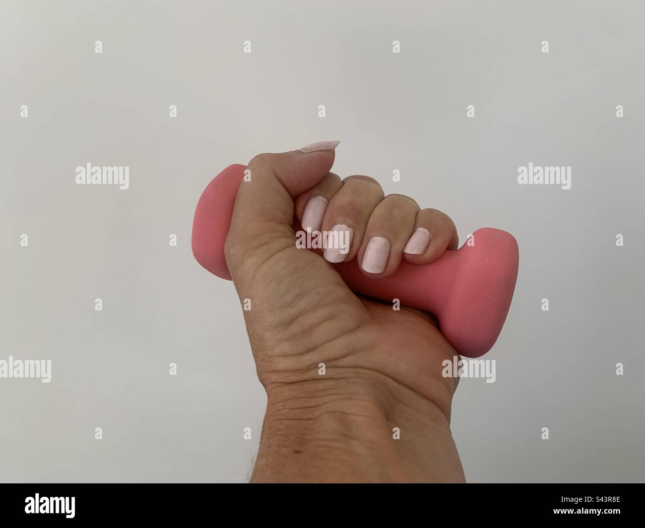 Donna che solleva un manubrio rosa contro uno sfondo bianco Foto Stock