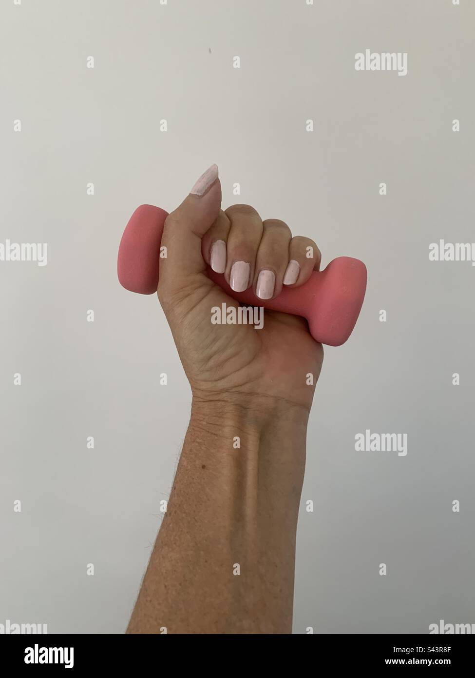 Donna che solleva un manubrio rosa contro uno sfondo bianco - Immagine stock catturata con smartphone