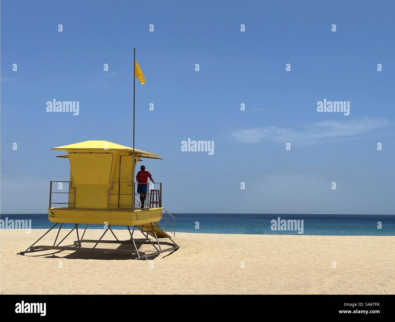 È il giorno della bandiera gialla per indicare ai bagnanti che possono nuotare nel mare blu calmo. Un bagnino si trova nella sua cabina gialla sulla spiaggia sabbiosa per osservare la scena. - Immagine stock catturata con smartphone