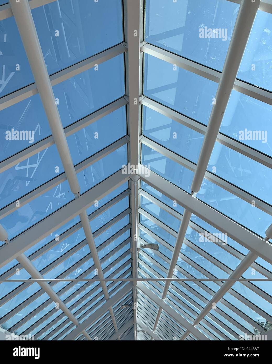 Un tetto di vetro con molte finestre che formano un motivo simmetrico con un cielo blu dietro. Foto Stock