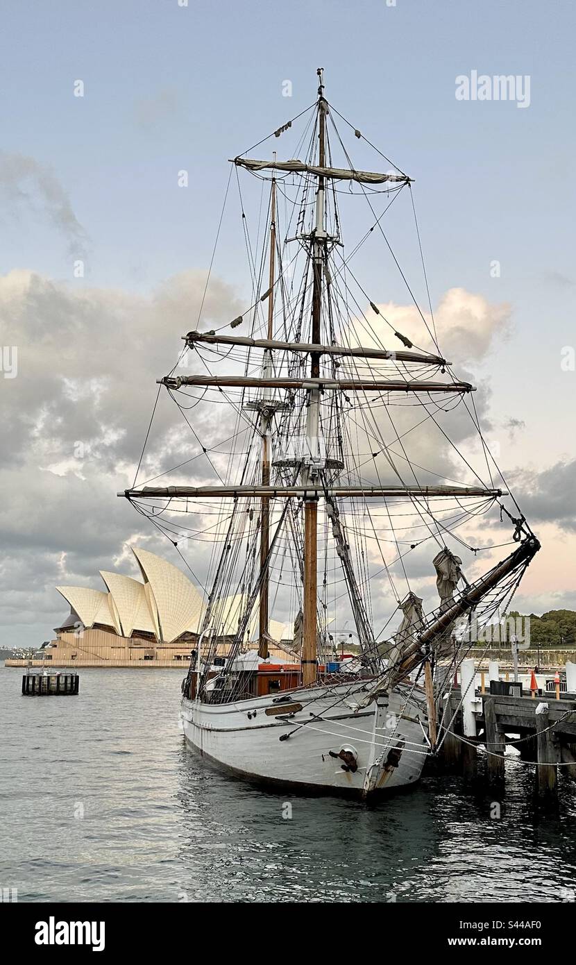 Nave a vela Soren Larsen a fianco a Campbell’s Cove Sydney, con il teatro dell’opera alle spalle. - Immagine stock catturata con smartphone