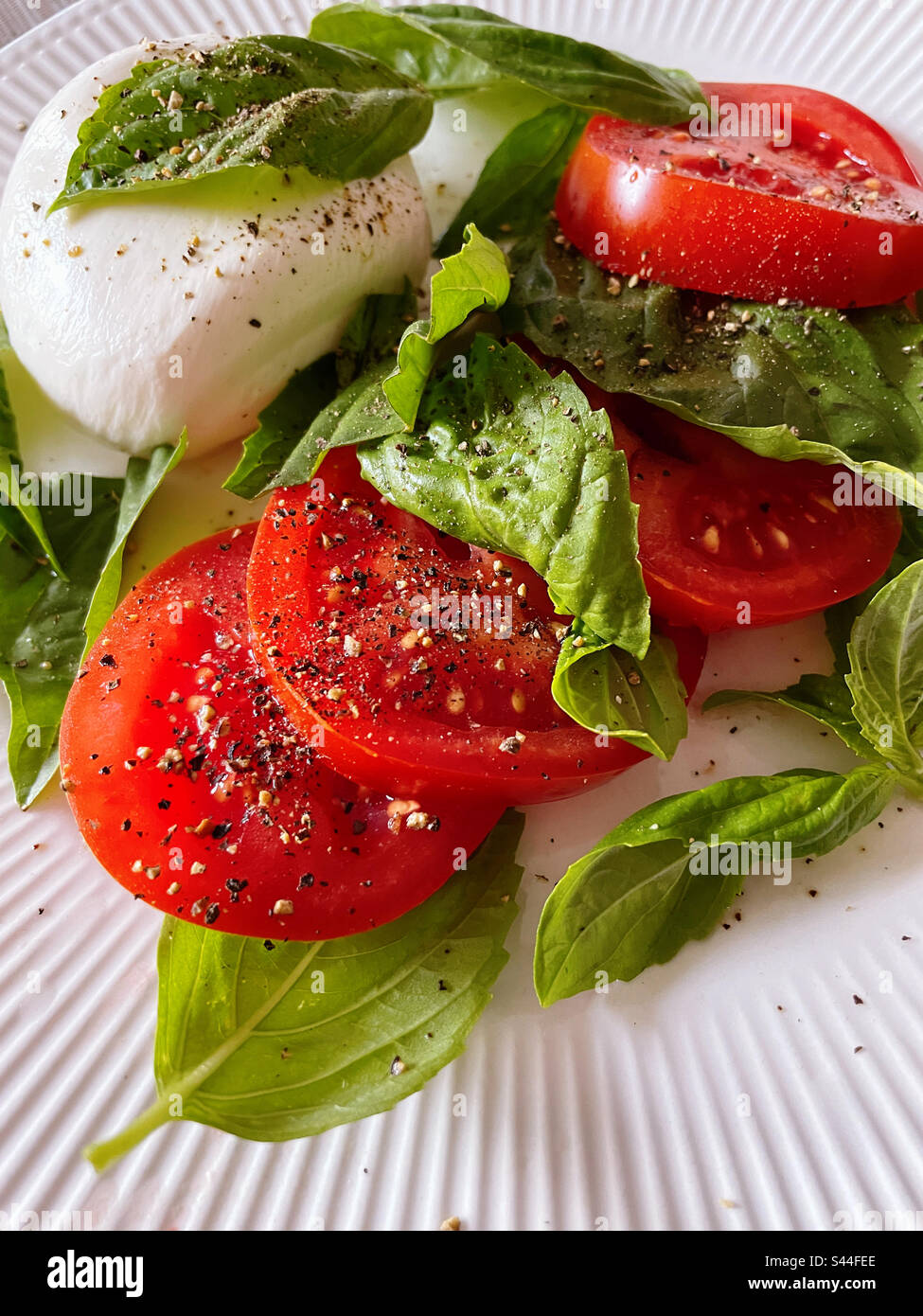 Primo piano di un'insalata italiana di basilico fresco, pomodori maturi e mozzarella burrata, 2023, USA Foto Stock