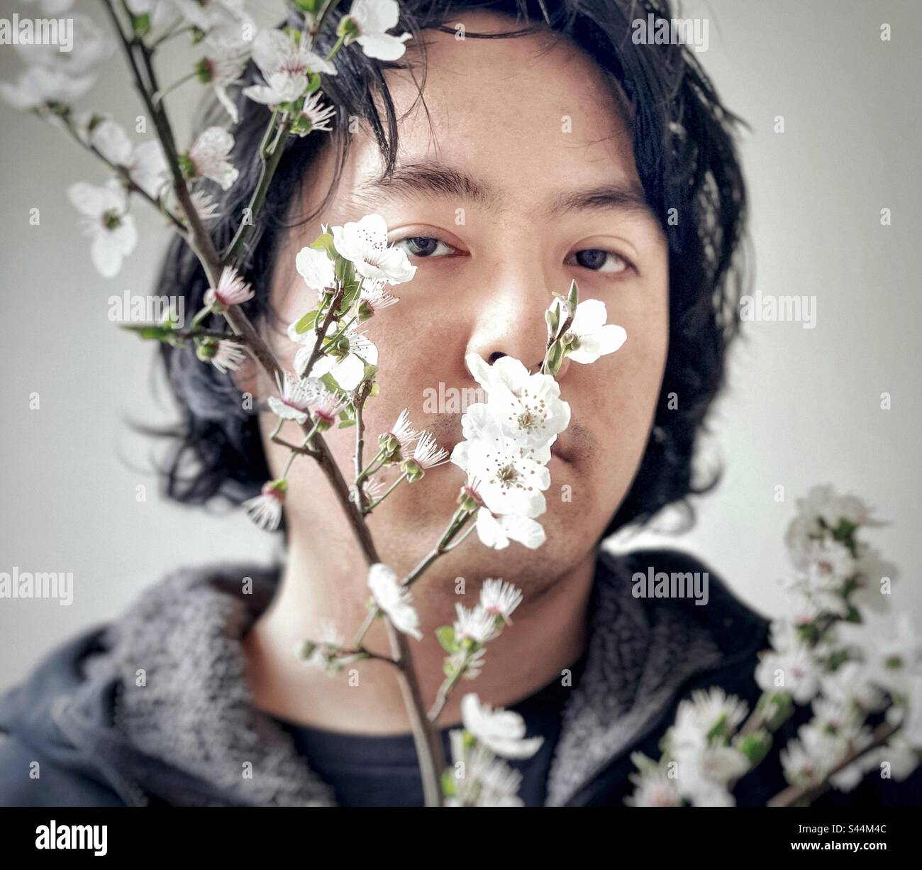 Primo piano ritratto di giovane asiatico con fiori di prugna di ciliegio bianco. Tema primaverile. Primavera. - Immagine stock catturata con smartphone