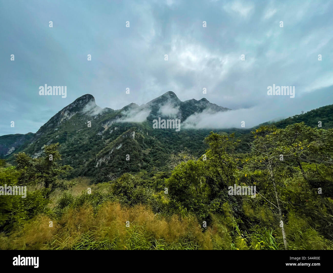 Nuvole che coprono le montagne in inverno Foto Stock