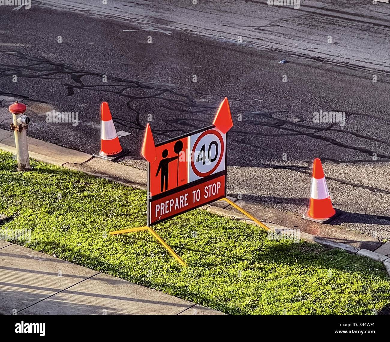 Coni stradali e segnale di avvertimento sulla striscia naturale accanto alla strada che indica che la strada è in marcia avanti e il limite di velocità di 40 km/h. - Immagine stock catturata con smartphone