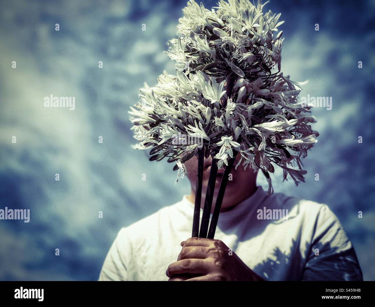 Ritratto di un giovane che tiene in mano un bouquet di fiori bianchi di Agapanthus africanus, detto giglio africano, contro il cielo blu nuvoloso. Faccia oscurata. T-shirt bianca, moda, tema primaverile. - Immagine stock catturata con smartphone