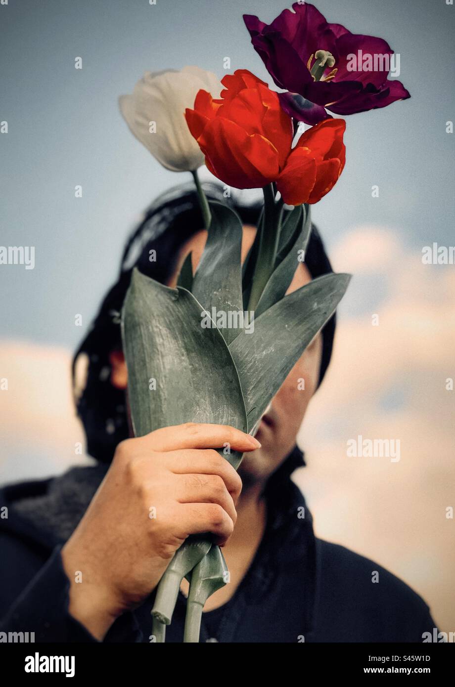 Giovane uomo che tiene fiori di tulipano multicolori contro il cielo azzurro pallido con nuvole. Faccia oscurata. - Immagine stock catturata con smartphone