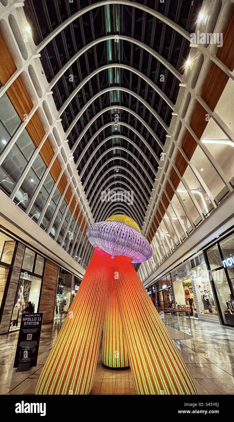 Opere d'arte interattive a tema spaziale di ENESS presso il centro commerciale di Melbourne, Victoria, Australia. Foto Stock