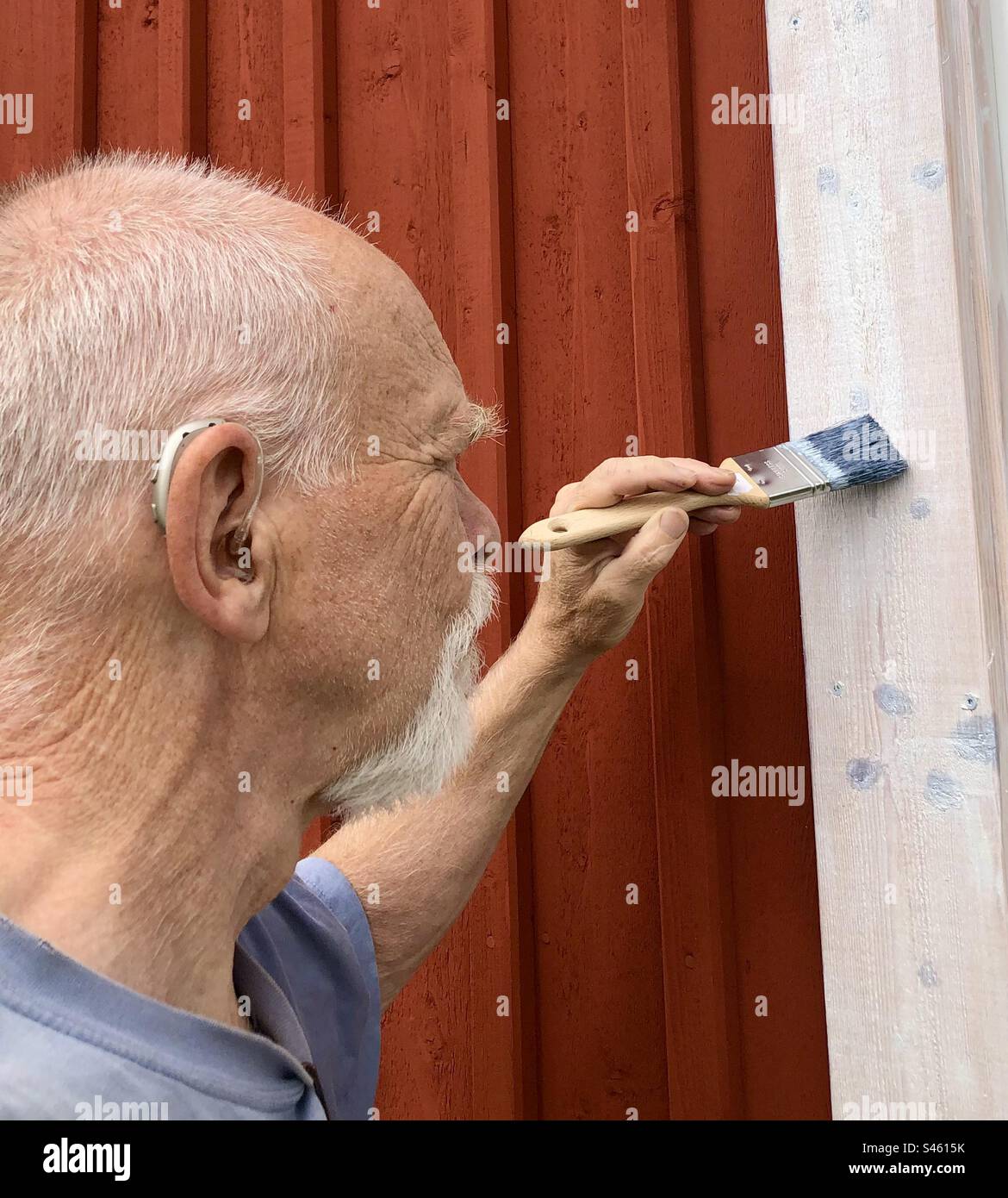 Un uomo di 69 anni sta dipingendo la sua casa. Foto Stock