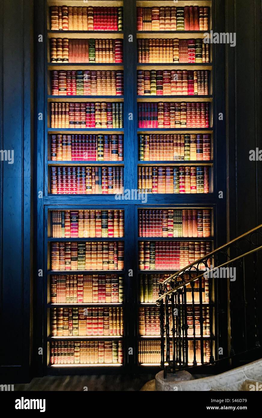 Un muro di libri retroilluminati. Foto Stock