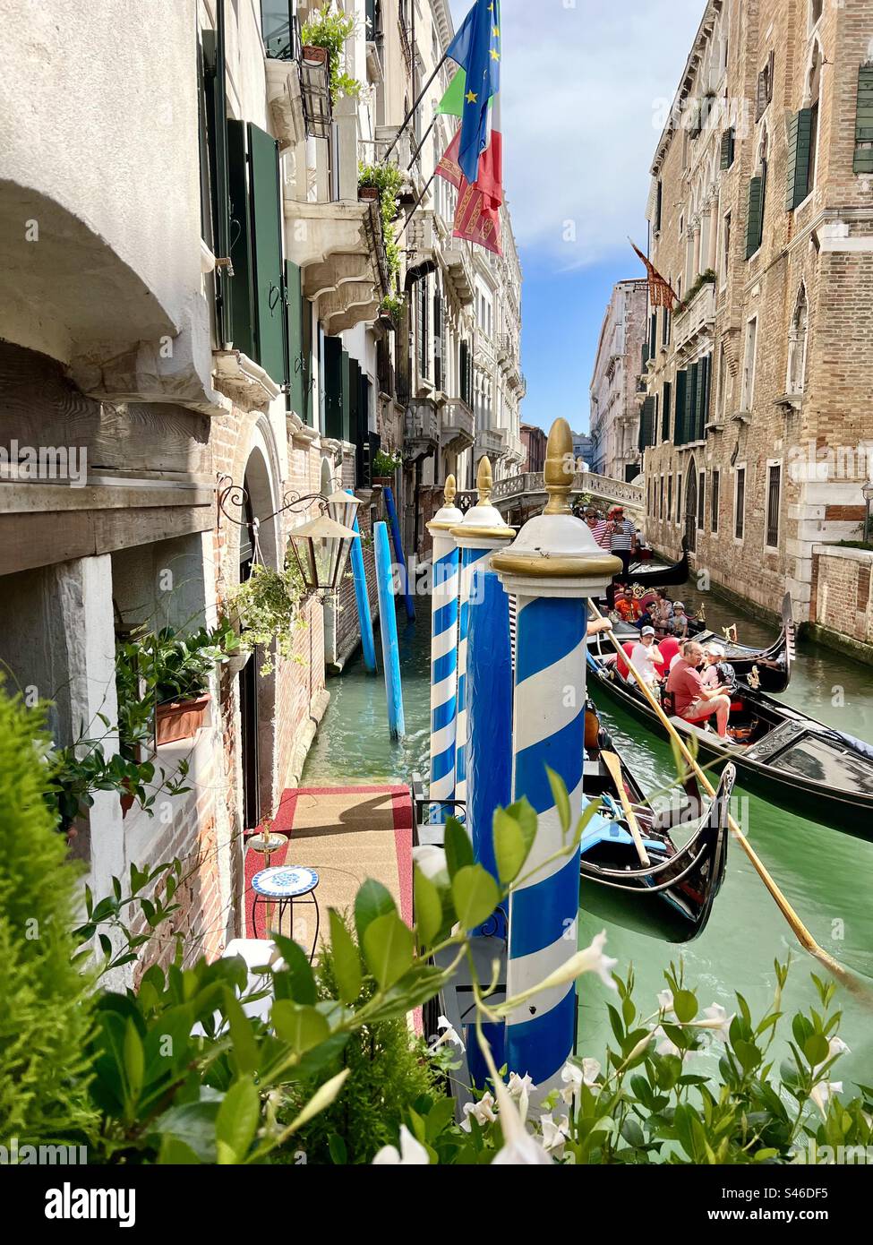 Posti d'ormeggio a strisce bianche e blu, architettura colorata, vegetazione e gondole tra il canale Rio del Palazzo, il Sestiere San Marco, Venezia - Immagine stock catturata con smartphone