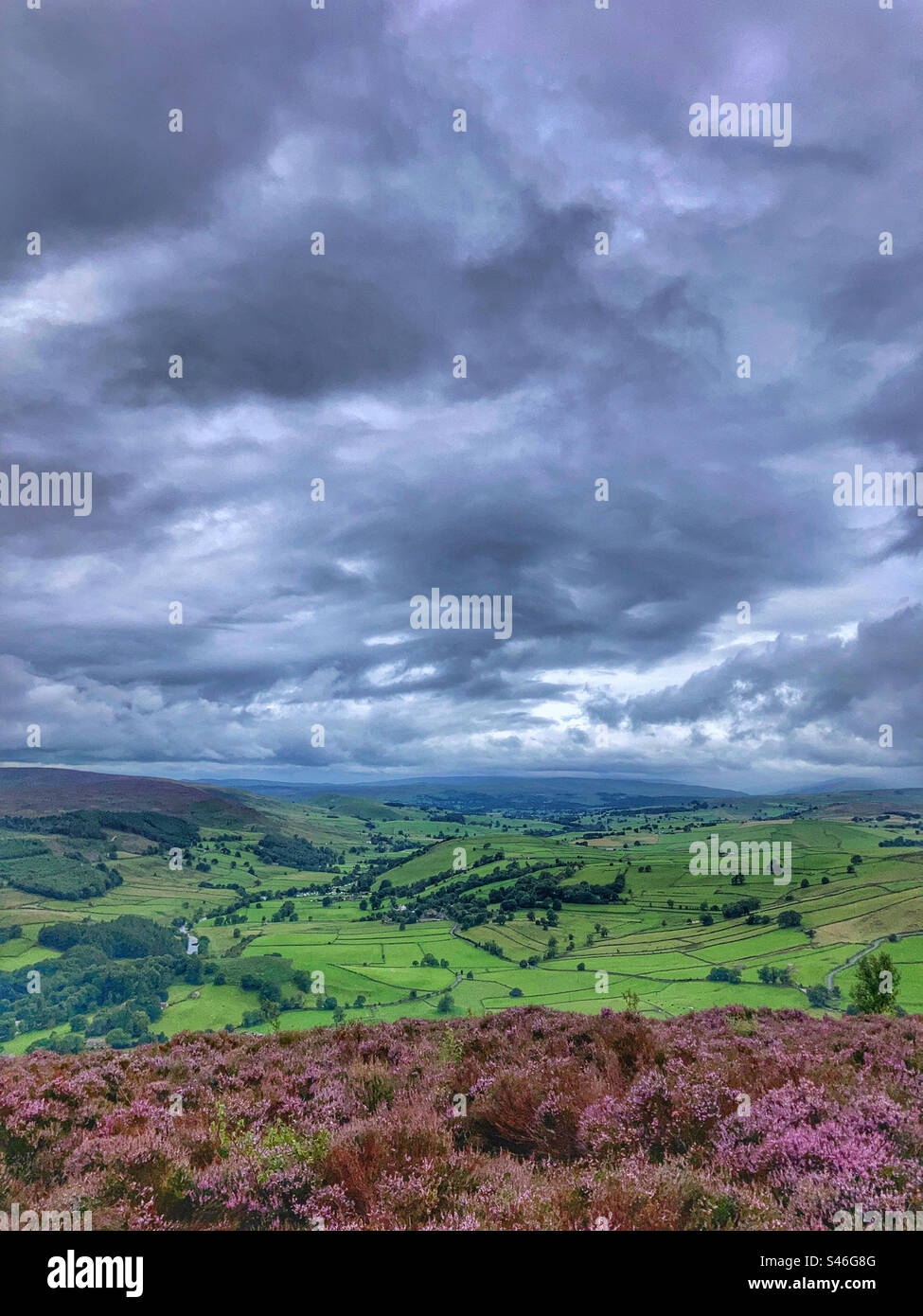 Vista del pascolo di Appletreewick dal Simon's Seat nello Yorkshire Dales Foto Stock