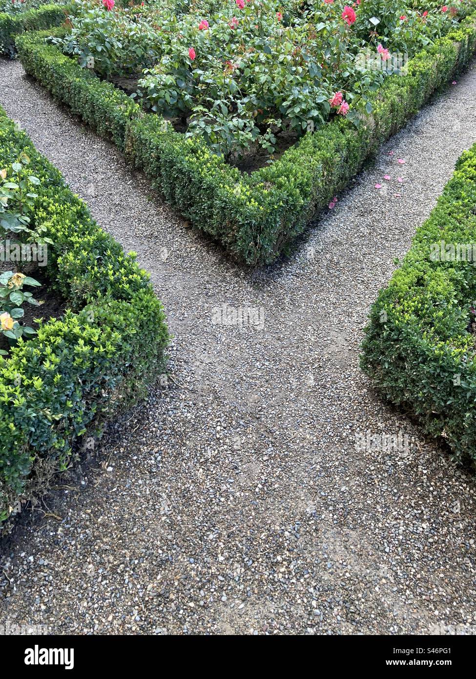 un incrocio di un sentiero di ghiaia in un parco - Immagine stock catturata con smartphone