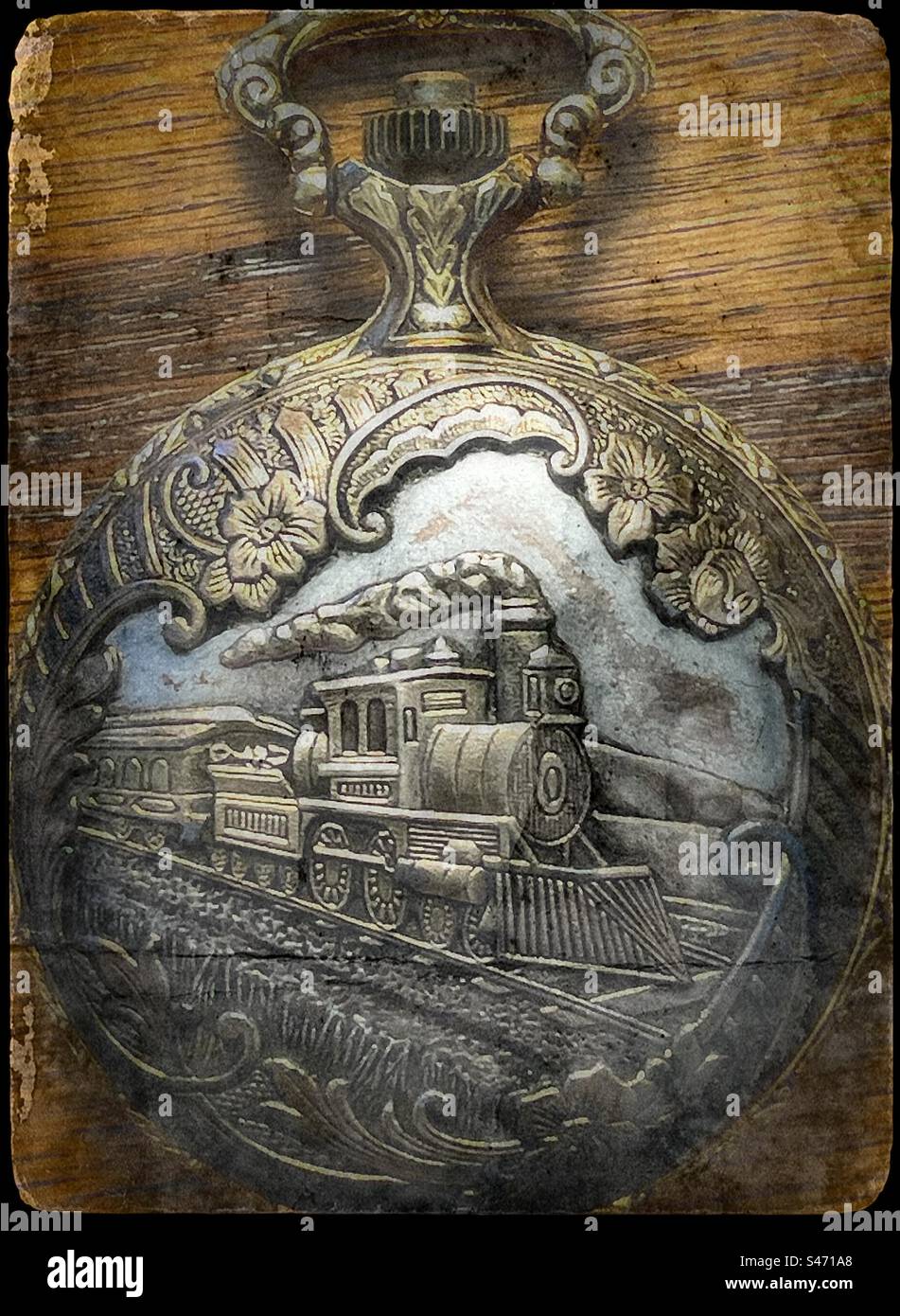 Un vecchio orologio da tasca con treno a vapore in rilievo in metallo brunito. Gli effetti vintage e atmosferici sono stati aggiunti digitalmente. - Immagine stock catturata con smartphone